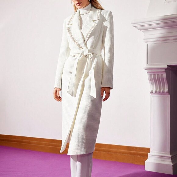 White Elegant Women's Belted Pearl Trim Tweed Coat - Picture 8 of 9